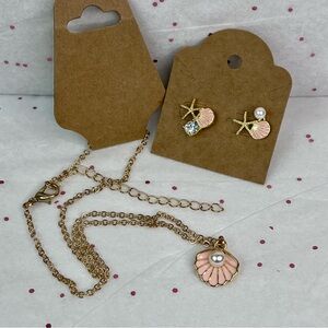 Hand Crafted Pink and Gold Seashell Starfish Pearl Earrings and Necklace Set